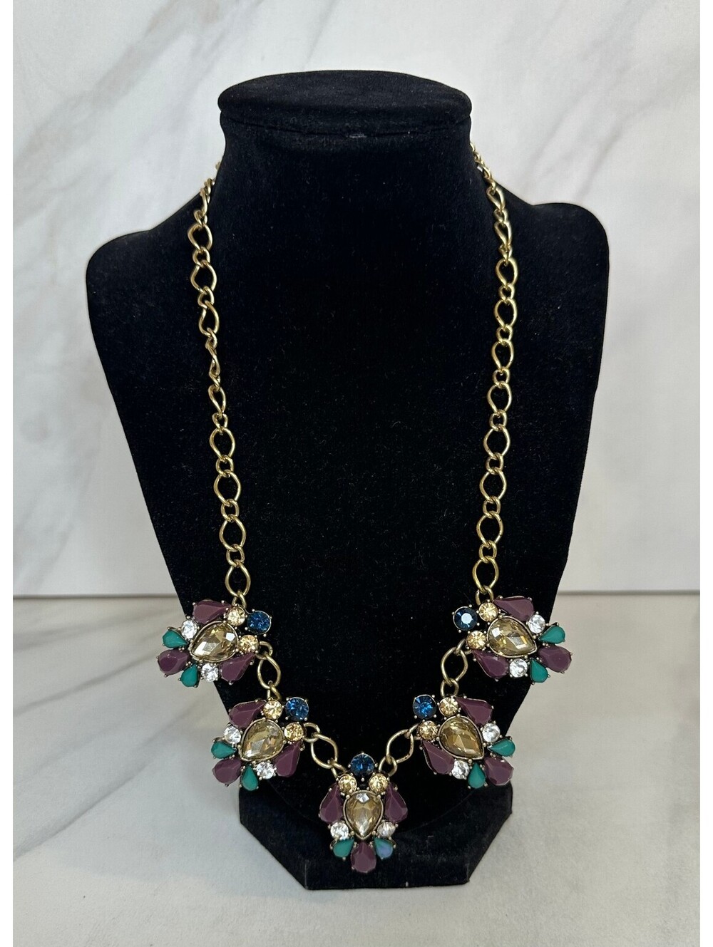 Jewelmint blue purple teal crystal gold tone statement bib necklace